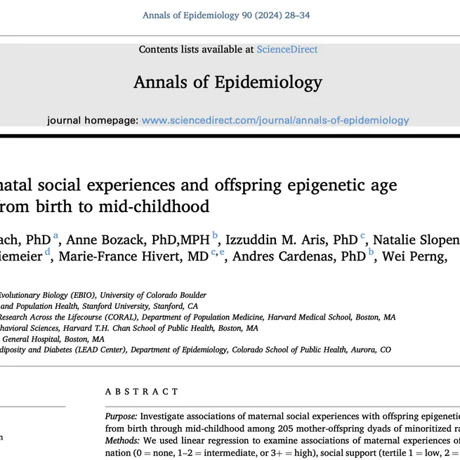 Maternal prenatal social experiences and offspring epigenetic age acceleration from birth to mid-childhood