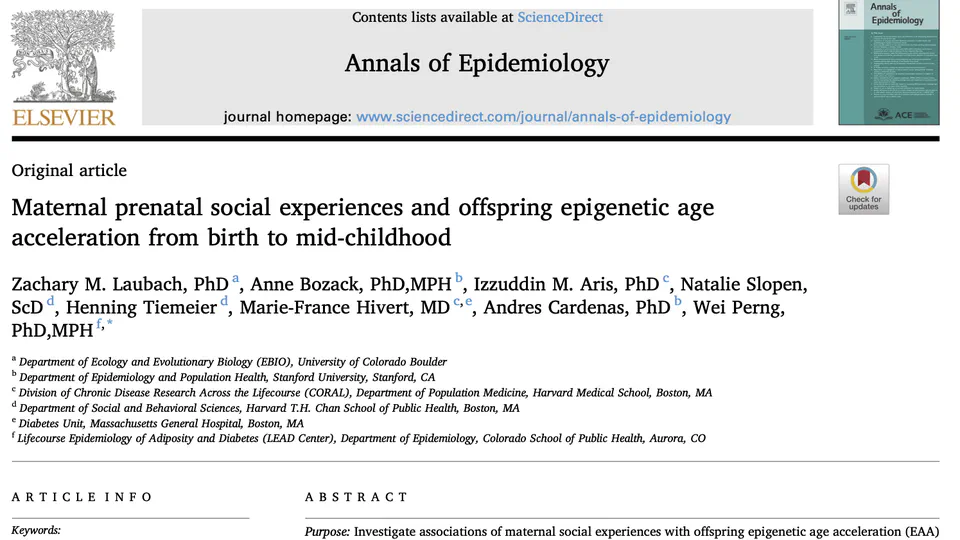 Maternal prenatal social experiences and offspring epigenetic age acceleration from birth to mid-childhood